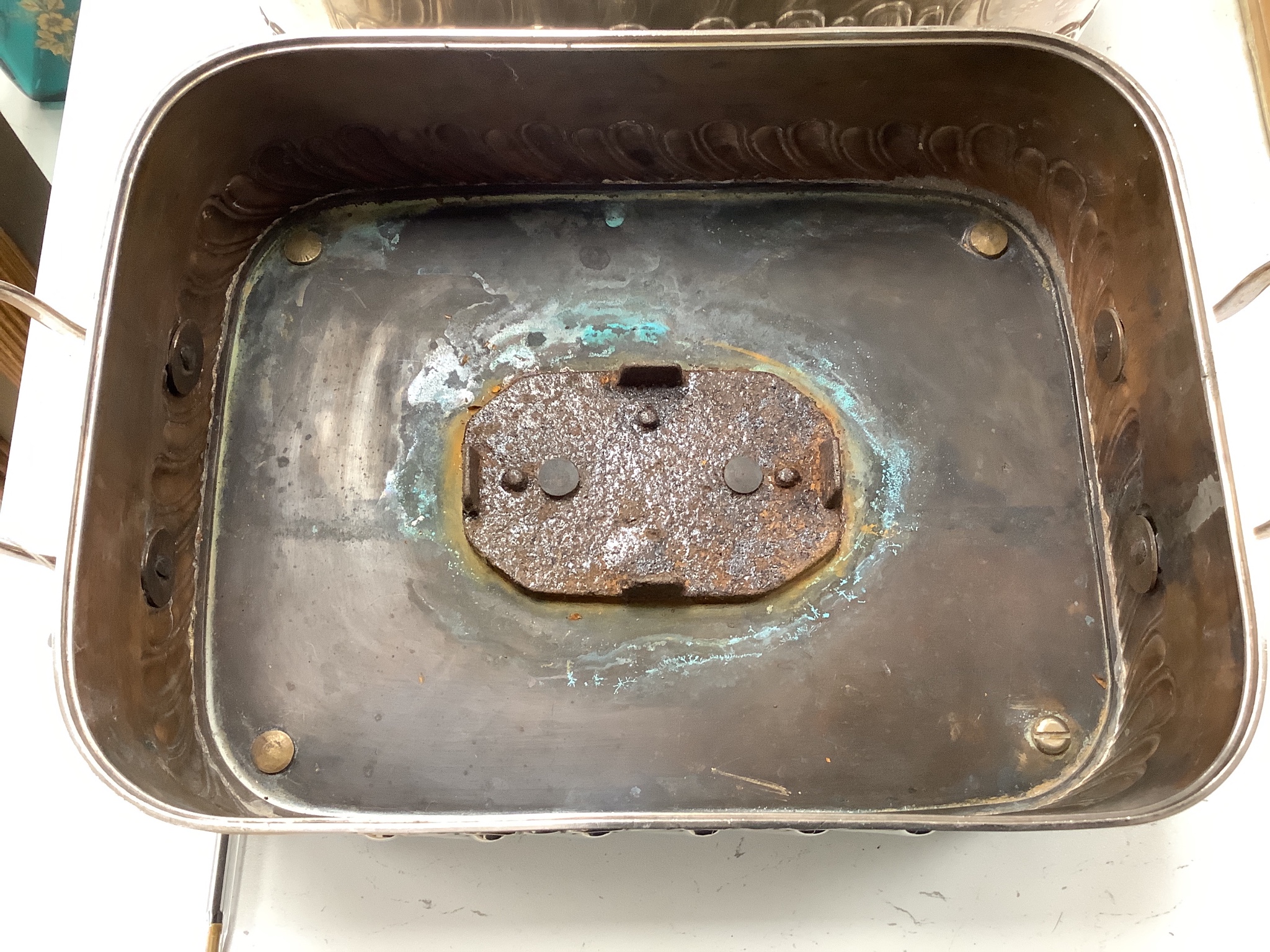 A pair of old Sheffield plated chafing dishes, width overall 40cm, and another similar dish